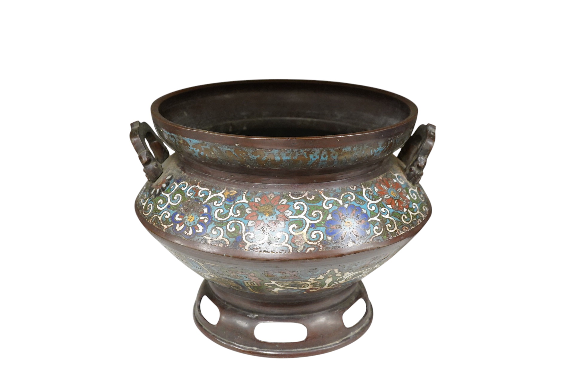 A large Japanese archaistic bronze and champlevé enamel jardiniere, 25.5cm high